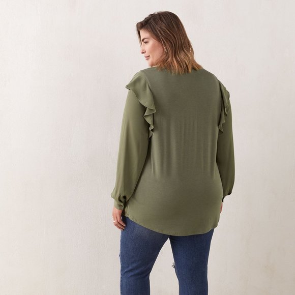 In Every Story Mix Media Blouse With Ruffles Dusty Olive - Picture 2 of 13